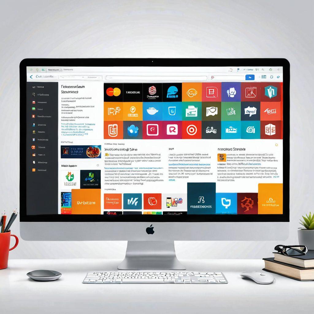 A sleek computer screen displaying various top-rated online resource websites, each with vibrant icons and a user-friendly interface. Surrounding the computer, a diverse group of people enthusiastically sharing their favorite sites, with a glowing search bar suggesting 'Top Picks'. The background features floating icons representing different online services (books, articles, videos). The ambiance is modern and inviting. vector art. vibrant colors. white background.