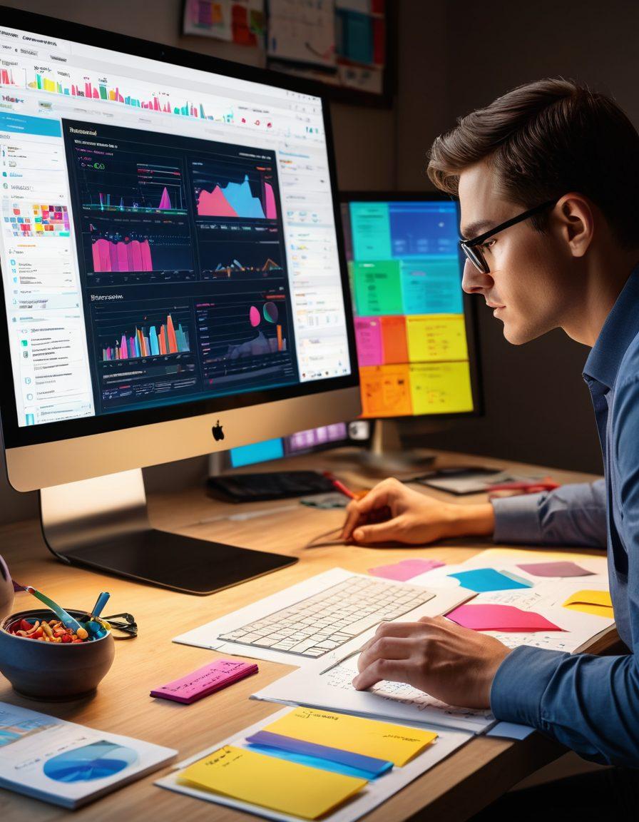 An analytical workspace featuring a glowing computer screen displaying top-rated websites, surrounded by charts, graphs, and sticky notes with features highlighted. A person thoughtfully examining the screen with a magnifying glass, conveying a sense of deep exploration. Bright, engaging colors with a clean desk setup. super-realistic. modern design. vibrant colors.